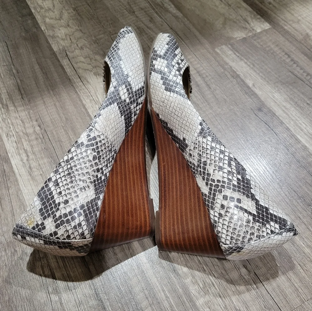 Vionic Snake-Print Peep Toe Wedge in Black and Cream